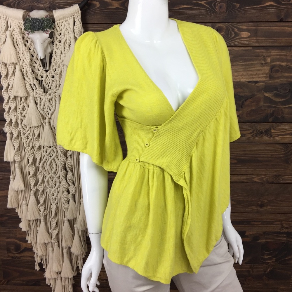 Moth | Ribbed Asymmetrical Wrap Ruffle Sweater Yellow